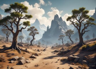 Surreal Landscape with Distorted Trees and Mountains, abstract geography, twisted mountains