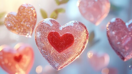 Fototapeta premium Colorful Heart-Shaped Decorations Made of Glass with Shimmering Surface for Love and Romance Themes