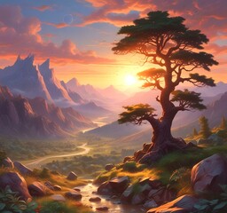 Illustration of fantasy scenic landscape.