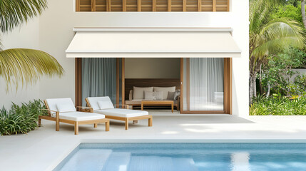 Modern patio with awning overlooking pool