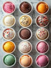 Obraz premium Various ice cream scoops in bowls on a marble surface.