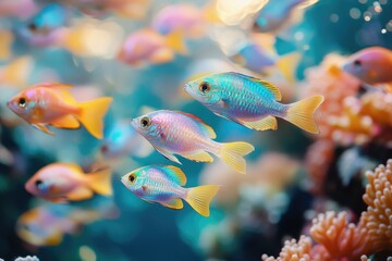 Fototapeta premium Vibrant colorful fish swimming in a coral reef tank, showcasing diverse species and their beauty.
