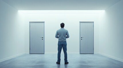 Businessman standing in a white room, choosing between two grey doors, arms crossed, concept of decision making, choice, way, direction, career path, job insecurity, fear of better option, fobo