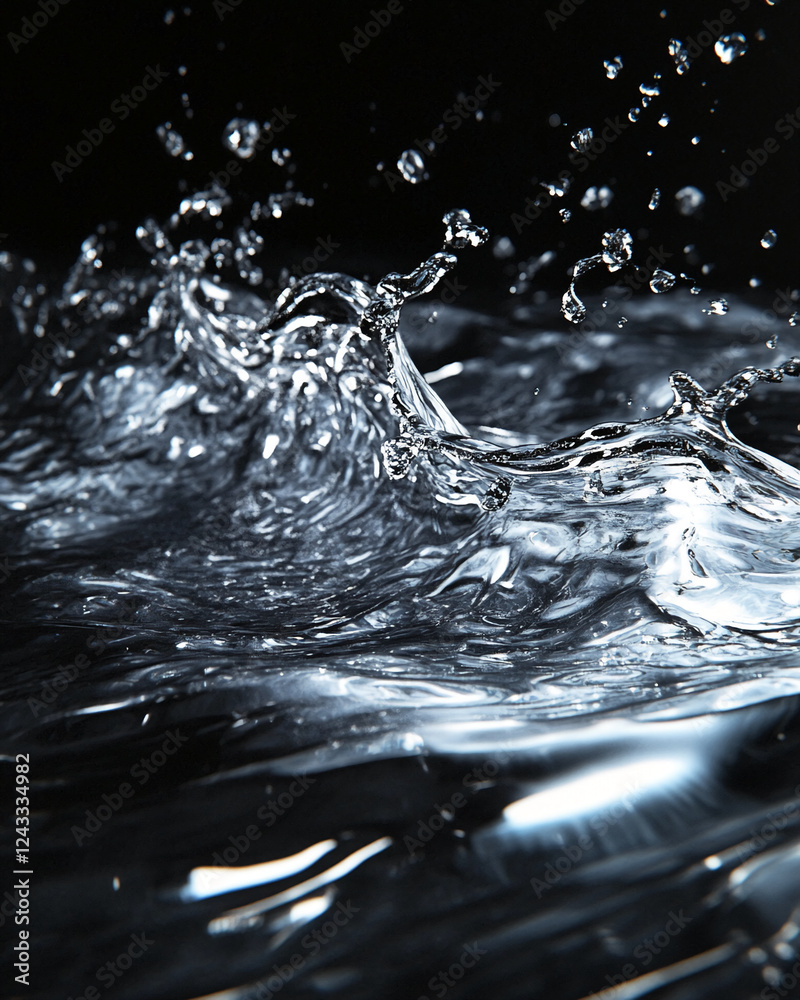 Poster close-up of clear water splashing and rippling against a dark background, showcasing the dynamic mov