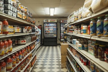 Grocery Store Aisle Filled with Diverse Food Products and Beverages Under Bright Lighting