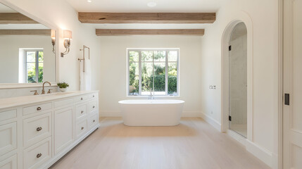 Modern white bathroom with wooden beams, a soaking tub, and a large window overlooking a garden.  Possible use Interior design, home decor, and real estate photography