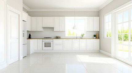 Fototapeta premium Modern white kitchen with patio view, bright interior, perfect for showcasing appliances
