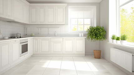 Modern white kitchen interior, sunny day, bright spacious room, perfect for a magazine or catalog, ideal for showcasing kitchen design ideas