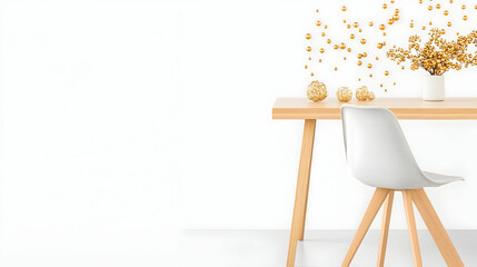 Modern wooden desk and chair with gold decorations, minimalist interior design, workspace