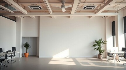 Obraz premium cool light interior design, minimalistic modern scandinavian style, empty wall, mockup template, Sunlit minimalist modern office interior of generative ai