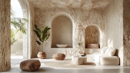 Elegant interior design of a minimalist living room featuring natural textures and earthy colors in a serene atmosphere