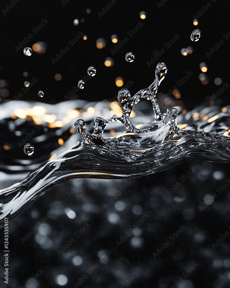 Poster close-up of water droplets splashing against a dark background, showcasing the dynamic motion and cr