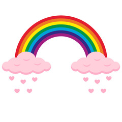 Colorful rainbow with pink clouds and hearts isolated on white background. Vector illustration.