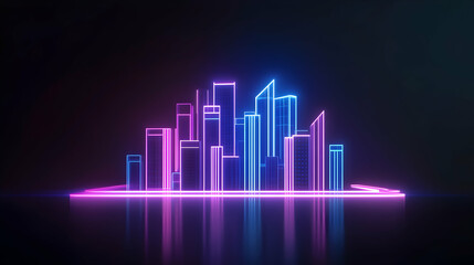 Neon city skyline reflected on dark ground. 3D rendering. Possible use for technology background