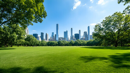 NYC Central Park cityscape on a sunny day; ideal for advertising tranquility, travel, or nature-based products