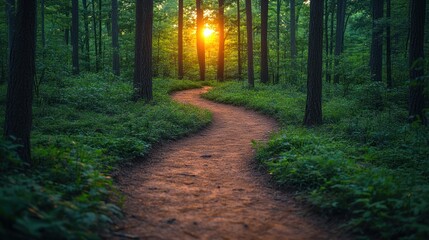 Obraz premium Sunset forest path winding through trees