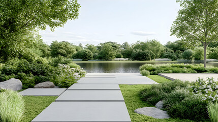 Peaceful park path by lake, serene summer scene, perfect for a peaceful retreat, promotion of calm