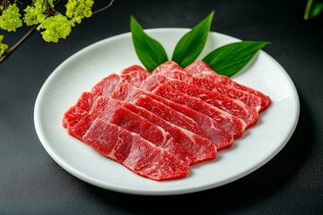 Fototapeta premium Deliciously arranged slices of fresh beef on a white plate, garnished with greenery for an appetizing presentation.