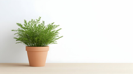 Potted plant on wooden shelf against white wall; minimalist home decor, website background