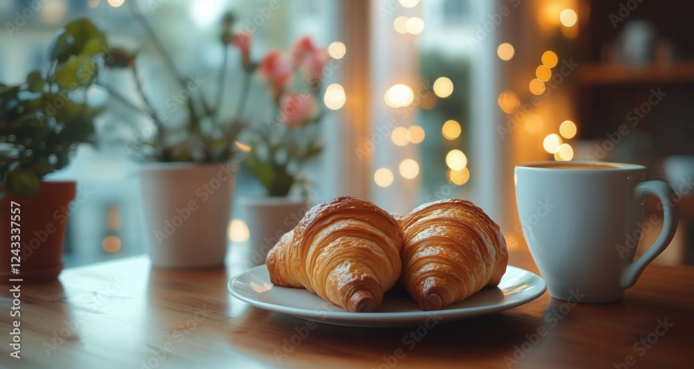 Wall mural Enjoying warm croissants and coffee at a cozy cafe with festive lights in the background