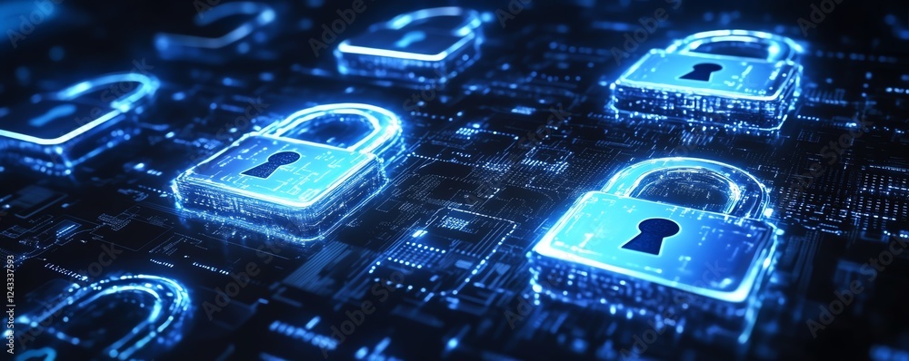 Poster futuristic digital cybersecurity interface featuring padlock icons, symbolizing strong data protecti