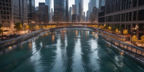Fototapeta premium The Chicago River flowing under a series of glass bridges and walkways, city landscape, architectural details, river view