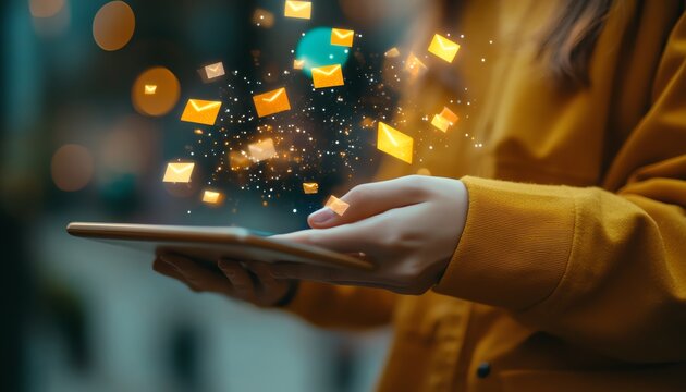 Email spam alert concept with a person interacting with a tablet screen, showing warning symbols and blocked messages