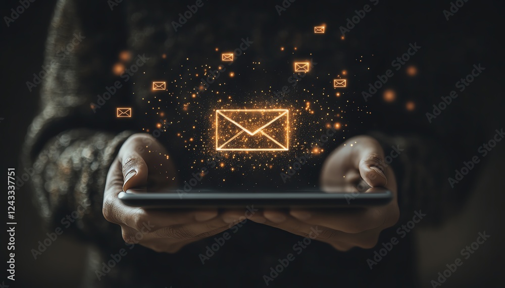 Poster person engaged with a tablet screen showing email spam alert and warning icons, symbolizing email se