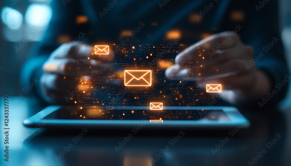 Poster person engaged with a tablet screen showing email spam alert and warning icons, symbolizing email se