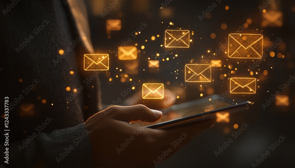 Poster person engaged with a tablet screen showing email spam alert and warning icons, symbolizing email se