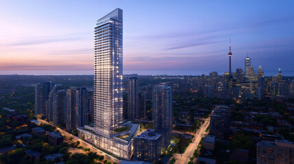 Obraz premium Stylish condo with energy efficient architecture in urban skyline at sunset. modern design complements cityscape, showcasing blend of nature and urban living