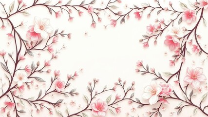 Fototapeta premium Soft pink and white floral pattern featuring intricate branches leaves vines, lace-like foliage, garden inspiration