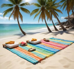 Obraz premium The scent of saltwater and coconut sunscreen fills the air as sunbathers relax on their colorful beach towels, sunny day, beach towels, beautiful sandy beach
