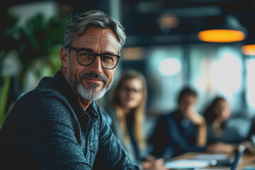 Man with glasses sitting at a table working on a laptop with a focused expression in a modern indoor setting