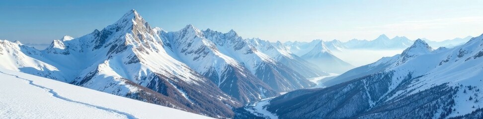 Obraz premium The snow falls gently on the peaks of mountains in winter, peaks, cold, peaceful