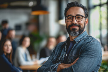Obraz premium Man with glasses standing in front of a diverse group of people in a professional setting during a meeting or presentation