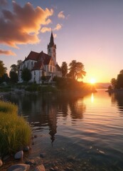 Fototapeta premium Sonnenuntergang über Starnberger See und Feldafinger Kirche, feldafinger church, lake starnberg at sunset, sunset over lake starnberg