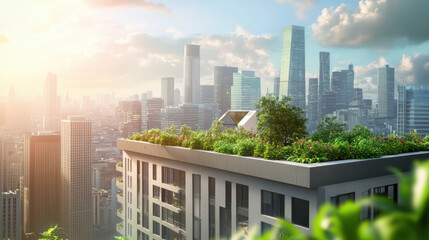 Obraz premium Urban condo rooftop garden energy solutions city skyline modern architecture sustainable living greenery urban landscape eco friendly design residential building sunlight nature city life