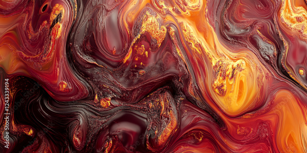 Poster close-up of a swirling mixture of vibrant red, orange, and yellow liquid with abstract patterns, sym