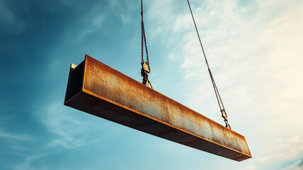 クレーンが持ち上げる巨大鉄骨&mdash;シンプルな背景が引き立てる力強さ