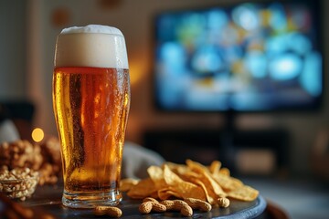 Enjoying snacks and beer while watching television in a cozy living room setting at night