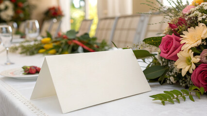 Obraz premium Wedding Table Setting with Flowers. Paper Table Card, Horizontal. 