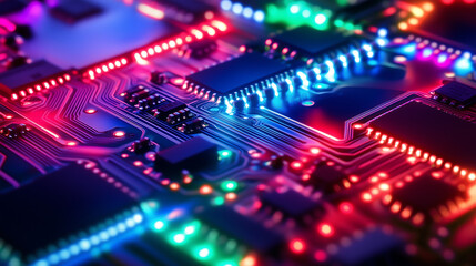 Obraz premium High-Tech Circuit Board with Glowing Neon Lights in Red Blue and Green Featuring Modern Electronic Microchip Design with Vibrant Colors and Futuristic Patterns for Digital Technology Background