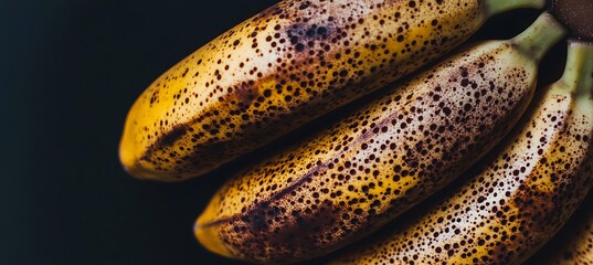 A close-up of a bunch of ripe bananas with the skin just starting to show brown spots