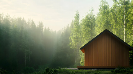 Wooden cabin in misty forest, tranquil morning, architectural design, 3D render, tranquil scene