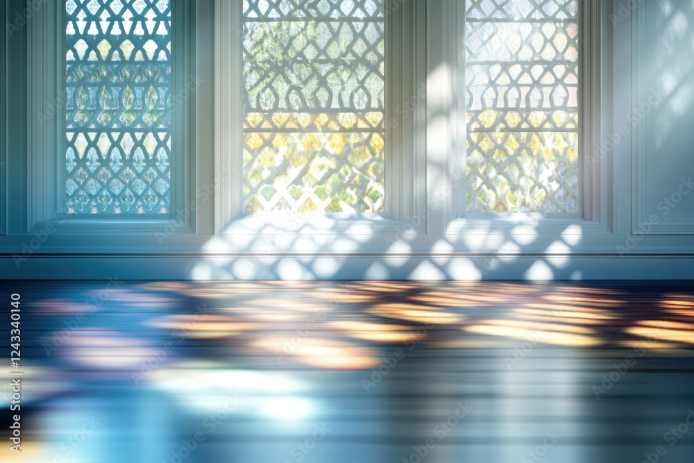 Poster Sunlit room with three windows featuring intricate latticework, casting patterned shadows on the wooden floor.