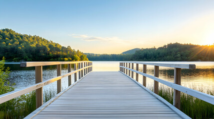 Obraz premium Wooden pier leading to serene lake at sunrise