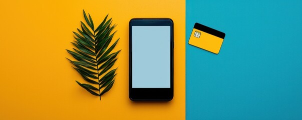 A smartphone rests on a vibrant backdrop, accompanied by a credit card and a green leaf, creating a fresh, modern aesthetic.