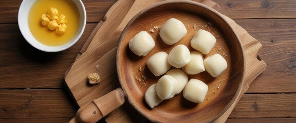 Top view of salted egg flavored white mochi on wooden table, fusion, isolated, tasty, combination, homemade
