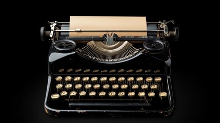 A vintage typewriter sits prominently with a blank sheet of paper against a sleek black background, evoking nostalgia and creativity.